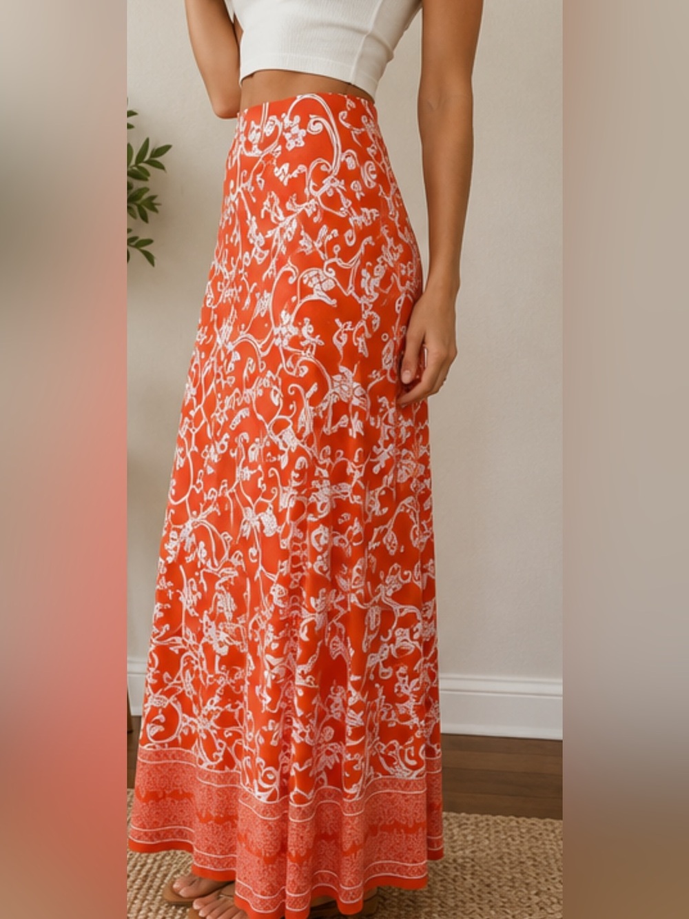Vince Camuto NWT Orange White Floral Maxi Skirt Women’s L Stretch Boho Resort